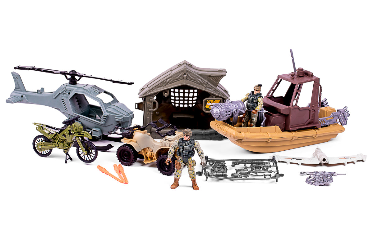 Militærsæt m/båd, helikopter, ATV + tilbehør