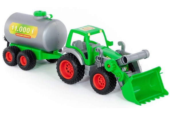 Traktor m/frontskovl & tankvogn 14,5x17x57cm 