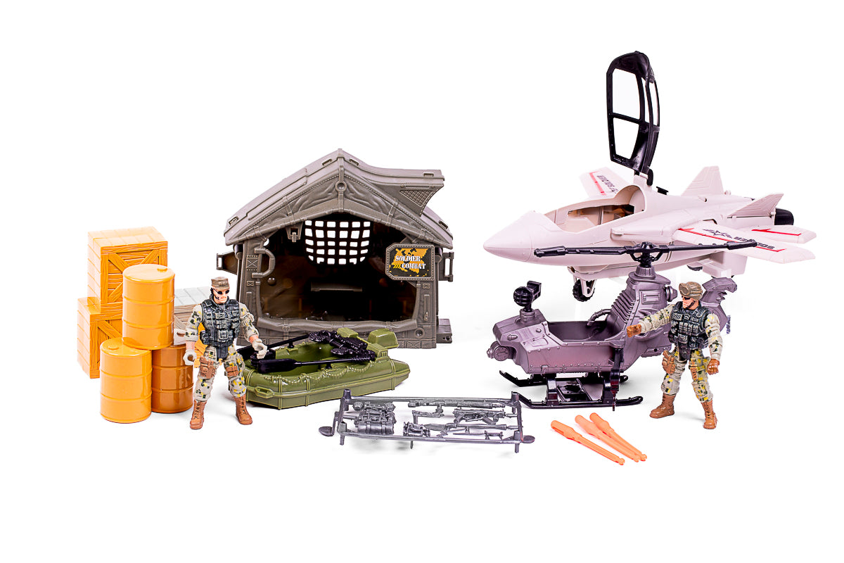 Militærsæt m/jægerfly, helikopter, båd + tilbehør