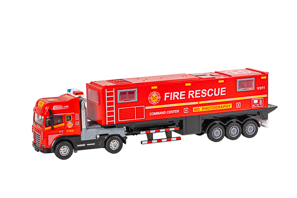 Die-cast fire truck with trailer, light & sound