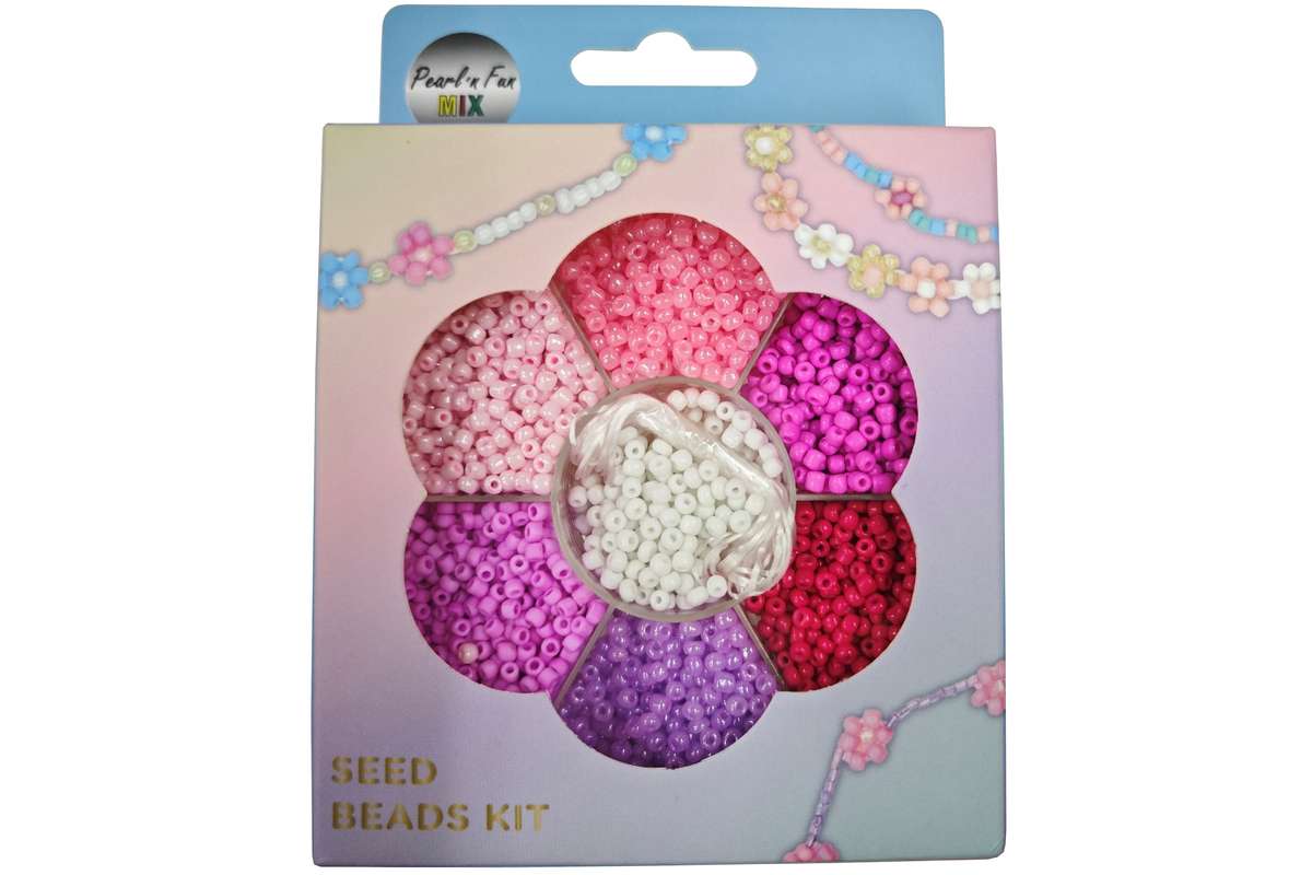 Glasperlemix 90g pink/lilla/hvid + elastik, ophæng